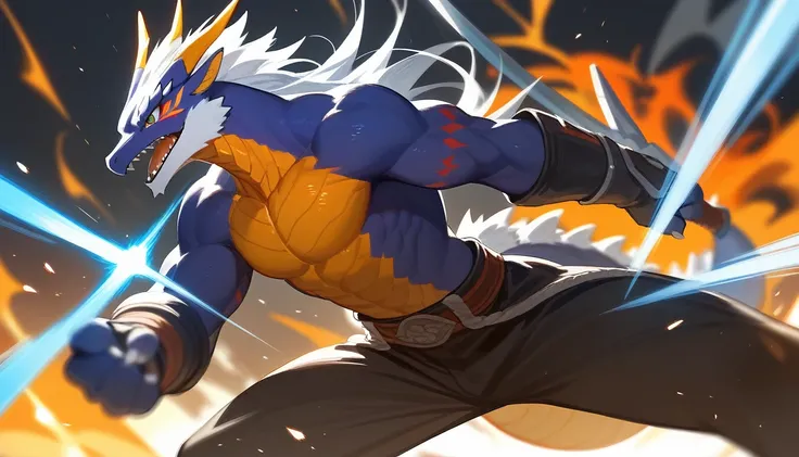 top quality, high-quality illustrations((masterpiece))depth of field, motion blur, absurdres, Perfect Anatomy, magnificent picture of kemono fighting fierce battles, kemono, 1boy, solo focus, Anthro((dramatic))epic, weapon, dynamic pose, One scene of movie...