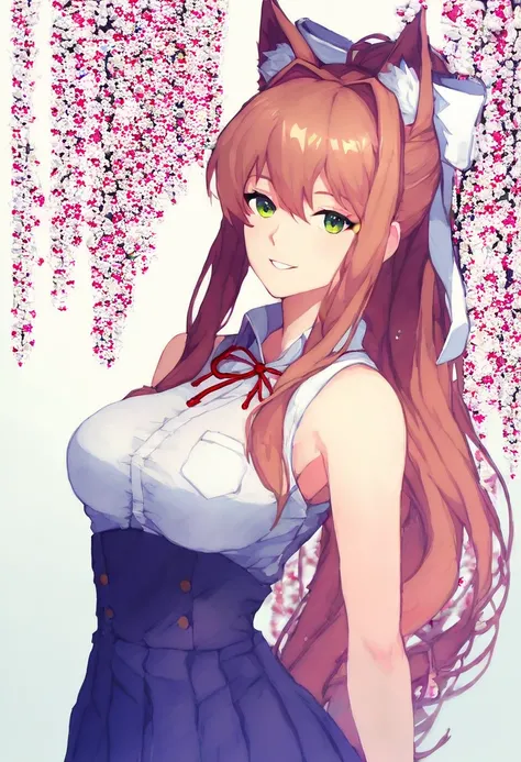 (masterpiece, best quality:1.2)((coral brown hair))((emerald green eyes)),solo,1girl,monika(doki doki literature club), animal_ears,(standing_fox_ears),hair_between_eyes, japanese_clothing , sleeveless_shirt, ((sexy_nurse_outfit)),((pantyhose on legs)), (s...