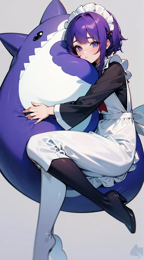 Top Quality, 8K, 4K, High Definition, Detail, (better-quality, 8K, 12), top-quality, 1 girl, purple short, sit down, hugs a shark pillow, wearing a shark PJ, wearing a maid outfit,
