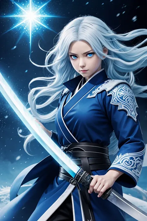 kny anime style, girl with short wavy white hair with light blue highlights, slanted blue eyes, demon hunter uniform, White haori with blue snowflakes. He is holding a blue katana with both hands., serious expression