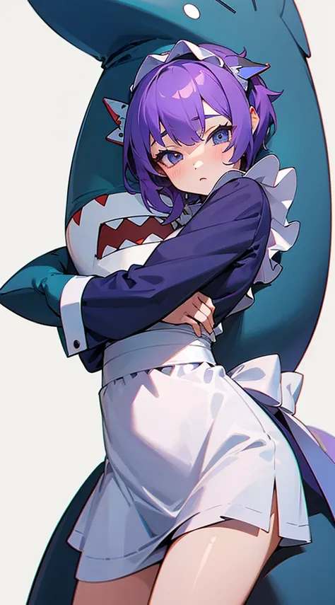 Top Quality, 8K, 4K, High Definition, Detail, (better-quality, 8K, 12), top-quality, 1 girl, purple short, sit down, hugs a shark pillow, wearing a shark PJ, wearing a maid outfit,
