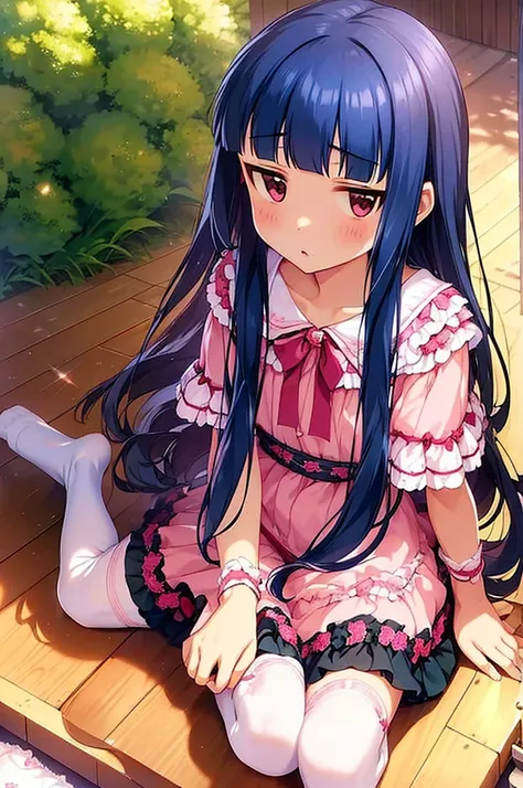 yukimi, 10yo.,long hair, blunt bangs, flat chest, (expressionless:1.1), 
pink silk sundress, , miniskirt, off shoulder,  , frills,  detailed embroidery,  thighhighs, , bow, spread legs,   sitting,open legs,(((panties)))