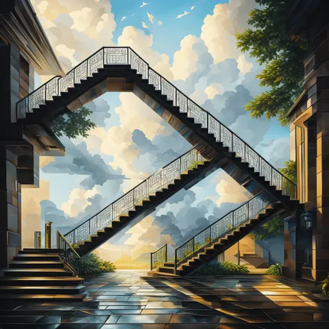 oil painting style geometric staircase made with a door at the end, seen from a side angle, cloud texture, oil painting style, cloud tones