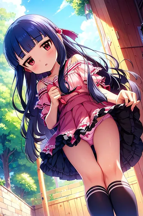 yukimi, 10yo.,long hair, blunt bangs, flat chest, (expressionless:1.1), 
pink silk sundress, , miniskirt, off shoulder,  , frills,  detailed embroidery,  thighhighs, , bow, ,(((panties,lift skirt))),from below