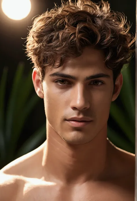 Cinematic soft lighting illuminates a beautiful Brazilian male model with stunning and ultra-realistic details，Foto de corpo inteiro da frente，olhar bonito，messy short brown hair，olhos claros de mel，Sorriso encantador perfeito，Criado sexy，Homem quente，insa...