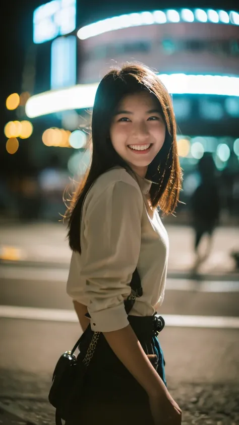 1 girl, 20 years old, (laughing:0.7), posing, look at a camera, complex city background, backlit, (cinematic:1.5), epic realistic, hyperdetailed, insane details, intricate details, accent lighting, soft volumetric light, bokeh, (dramatic light:1.2), (neutr...