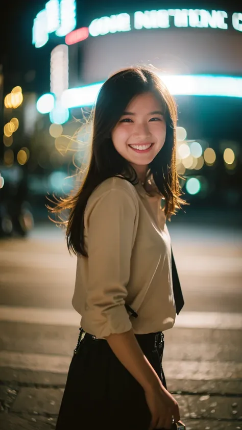 1 girl, 20 years old, (laughing:0.7), posing, look at a camera, complex city background, backlit, (cinematic:1.5), epic realistic, hyperdetailed, insane details, intricate details, accent lighting, soft volumetric light, bokeh, (dramatic light:1.2), (neutr...