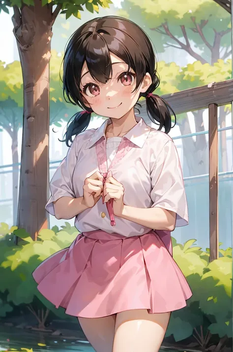 1girl, minamoto_shizuka, black hair, bangs, short twintails,pink shirt,pink skirt, smile, forest