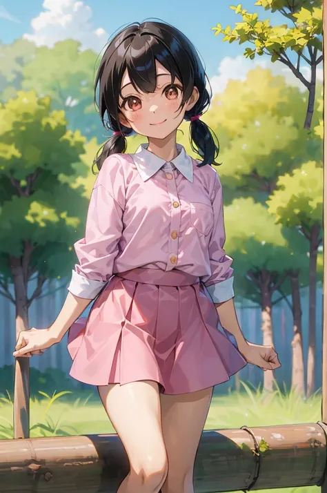 1girl, minamoto_shizuka, black hair, bangs, short twintails,pink shirt,pink skirt, smile, forest