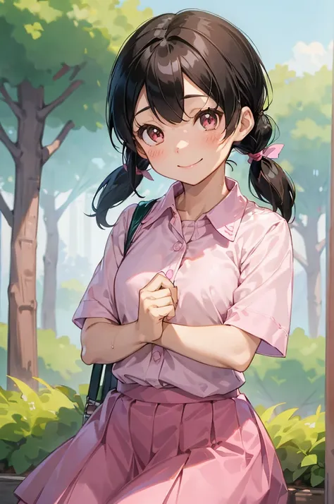 1girl, minamoto_shizuka, black hair, bangs, short twintails,pink shirt,pink skirt, smile, forest