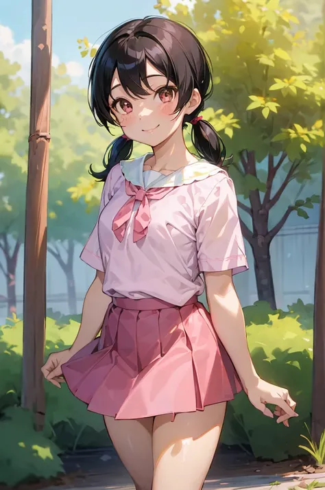 1girl, minamoto_shizuka, black hair, bangs, short twintails,pink shirt,pink skirt, smile, forest