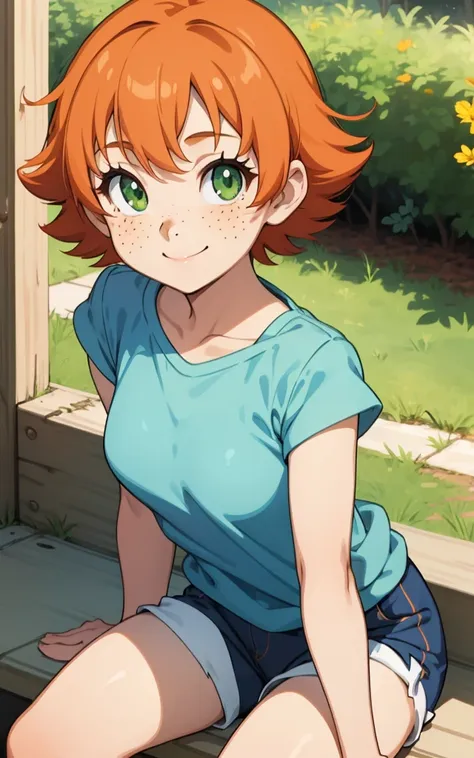 1girl, sxfrances, short hair, orange hair, green eyes, freckles, , blue_shirt, smile, solo, looking at viewer ,shorts