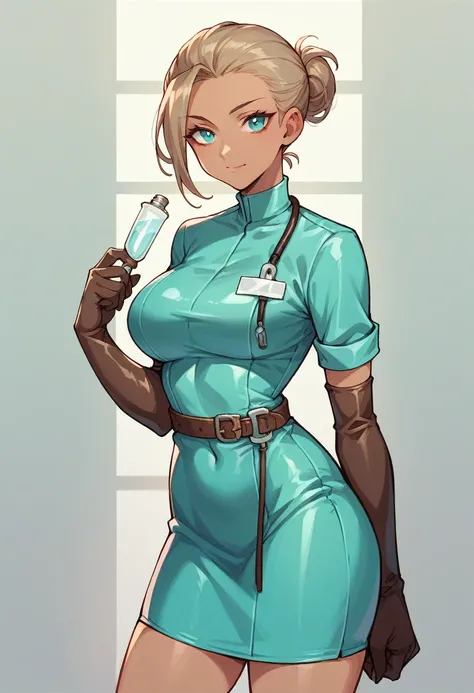 1girl, ((brown elbow gloves)), ((surgical gloves)), ((latex gloves)), ((long sleeves)) ((cyan surgeon outfit)), looking at viewer, ((cyan doctor outfit)), standing, solo