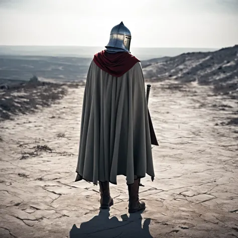 Male knight in templar armor in medieval style, with a Templar helmet and a cape covering her back in a completely desolate and emaciated setting by a medieval warrior