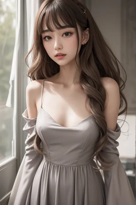  delicate with long hair, split in the middle, wavy and gray with a long red dress, large with its dropped sleeves to highlight your marked collarbone and some accessories 