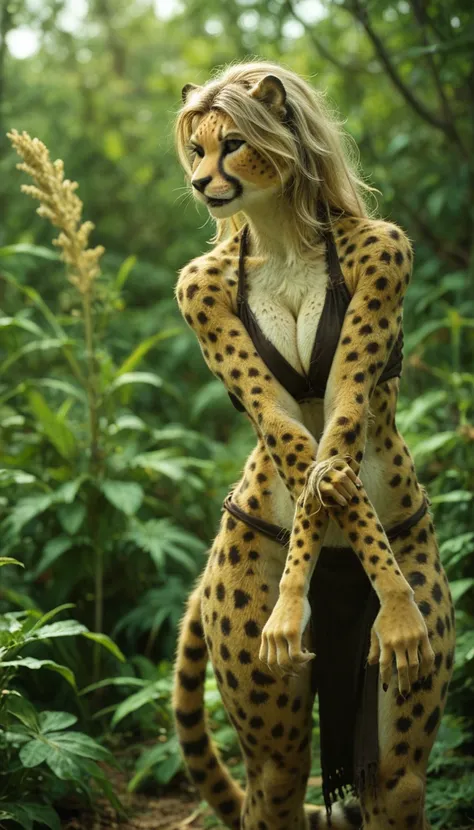 (zPDXL2), score_9, score_8_up, score_7_up, source_anime, 2d, FURRY, anthro, 
female, anthro, [black jaguar:cheetah:0.5], (black fur), (waist long messy hair, wheat blonde hair), cheetah ears, big breasts, attractive, (prehistoric, simple, top, loincloth), ...