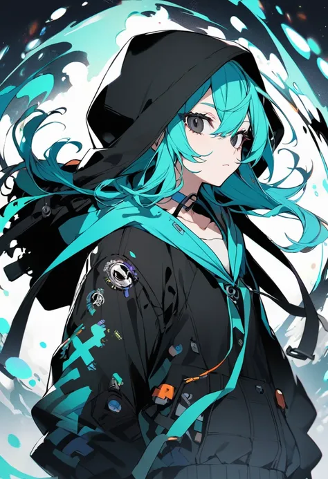 female boogie man with  long cyan hair and black eyes with hood 