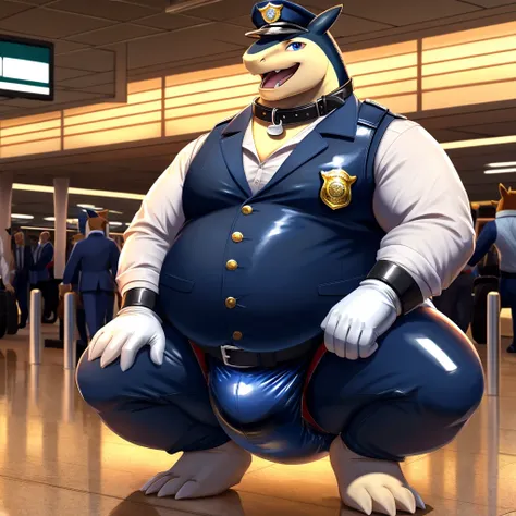 Solo, Male, fat, squatting, extremely obese, gentleman, dapper Typhlosion, pooping in diaper, blue eyes, (soft shading), 4k, hi res, ((detailed face, detailed)), looking at viewer, evil grin, Airport, TSA, TSA Uniform, collared shirt with buttons, hat, mal...