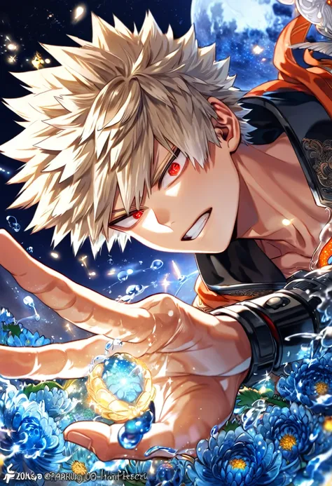 absurdres, highres, ultra detailed, HDR, master piece, best quality, extremely detailed, Bakugo Katsuki, ash-blonde hair, expressive red eyes, Boku No Hero Academia, solo, sexy man, handsome, black hero clothes, fantasy, water, sparkling, blue glittering f...