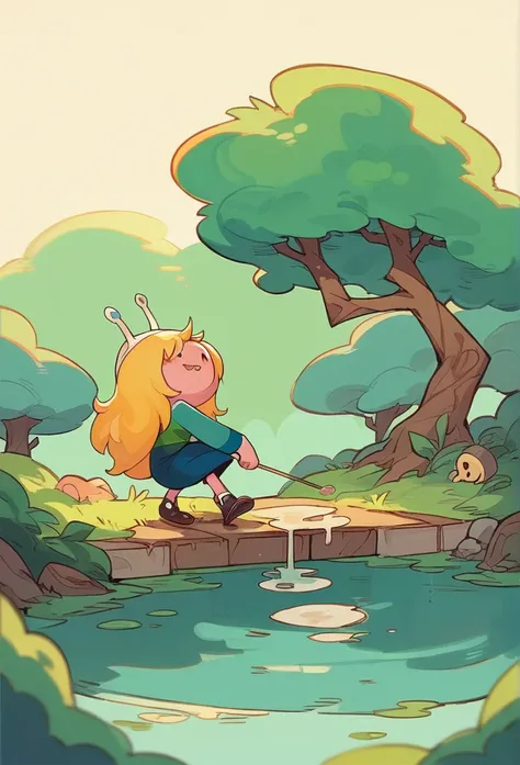 Create an image of Finn the Human from Adventure Time seeing his reflection in a puddle. Girl version