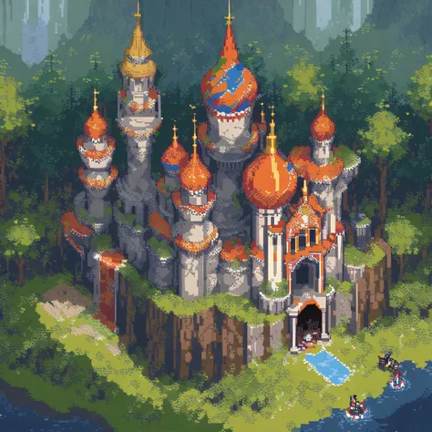 (work of art, best qualityer:1.2), pixel art,terrestrial space，Castle in the forest