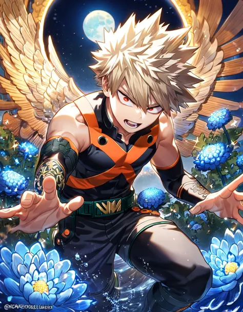 absurdres, highres, ultra detailed, HDR, master piece, best quality, extremely detailed, Bakugou Katsuki, ash-blonde hair, expressive red eyes, Boku No Hero Academia, solo, sexy man, handsome, black hero clothes, fantasy, water, sparkling, blue glittering ...