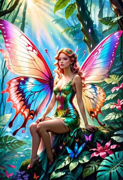 a picture of a jungle fairy, an extraordinary beautiful, elegant beauty, divine beautiful fairy, ((anatomically correct: 1.5)) spread butterfly wings, blue and purple wings, pink eyes, glowing eyes, (ultra detailed face: 1.2), best detailed face,  blond ha...