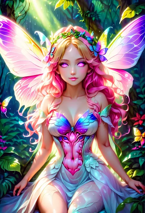 a picture of a jungle fairy, an extraordinary beautiful, elegant beauty, divine beautiful fairy, ((anatomically correct: 1.5)) spread butterfly wings, blue and purple wings, pink eyes, glowing eyes, (ultra detailed face: 1.2), best detailed face,  blond ha...