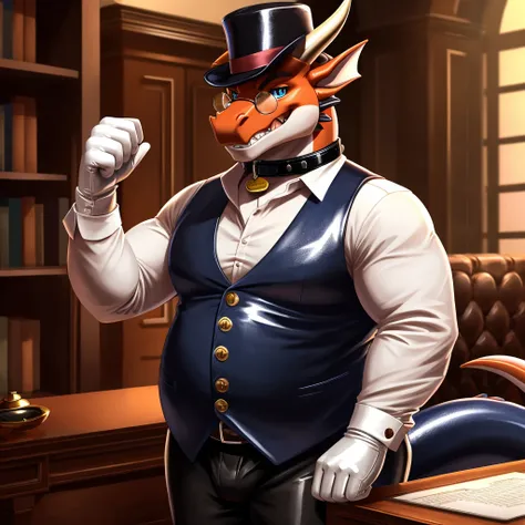 Solo, Male, fat, extremely obese, gentleman, dapper Professor Dragon, mob boss, blue eyes, (posing:1.3), (soft shading), 4k, hi res, ((detailed face, detailed)), looking at viewer, mouth wide open, dapper clothing, collared shirt with buttons, bowler hat, ...