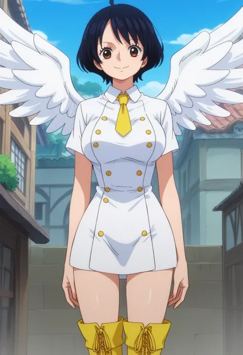 score_9, score_8_up, score_7_up, best quality, masterpiece, source_anime, anime screencap, one_piece_wano_style, clear face, 1girl, solo, black hair, middle short hair, brown eyes, large breasts,White wings on her back, cook dress, Yellow chef neck tie, on...