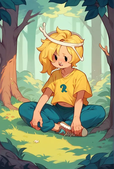 Create an image of a blonde girl, wearing yellow clothes. Based on Adventure Time style, sitting in the forest. 