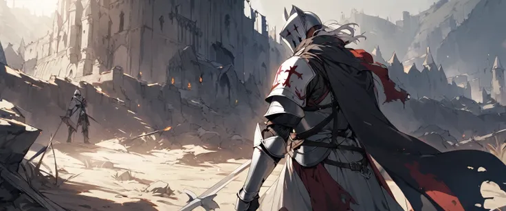 Male knight in templar armor in medieval style, with a Templar helmet and a cape covering her back in a completely desolate and emaciated setting by a medieval warrior