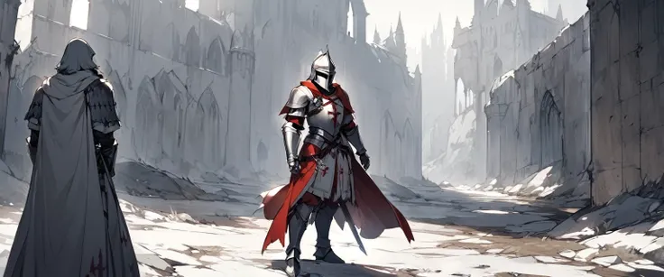 Male knight in templar armor in medieval style, with a Templar helmet and a cape covering her back in a completely desolate and emaciated setting by a medieval warrior