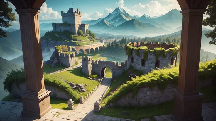 "Create an image of the fortress and castle of the Dragon Clan. The fortress should be imposing and well-defended, with high stone walls, guard towers, and dragon-shaped battlements. The castle, situated at the heart of the fortress, should be grand and ma...