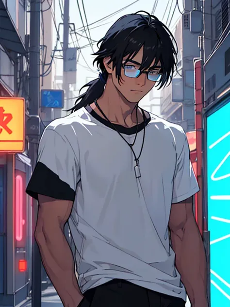 16-year-old boy with bangs,light muscular, Black hair,blue neon forelock, Shoulder-length hair,Black pants,White T-shirt, Glasses,Cool contemplative expression,Line art,Suspension fittings.