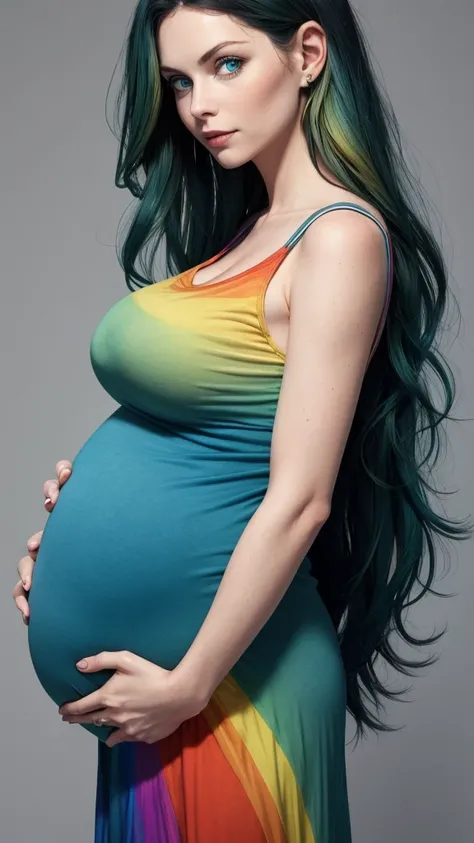 Pregnant woman, dark green hair, blue eyes, rainbow dress