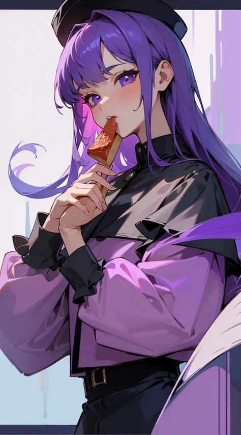 Top Quality, 8K, 4K, High Definition, Detail, (better-quality, 8K, 12), top-quality, 1 girl, purple hair, half body, she eating,
