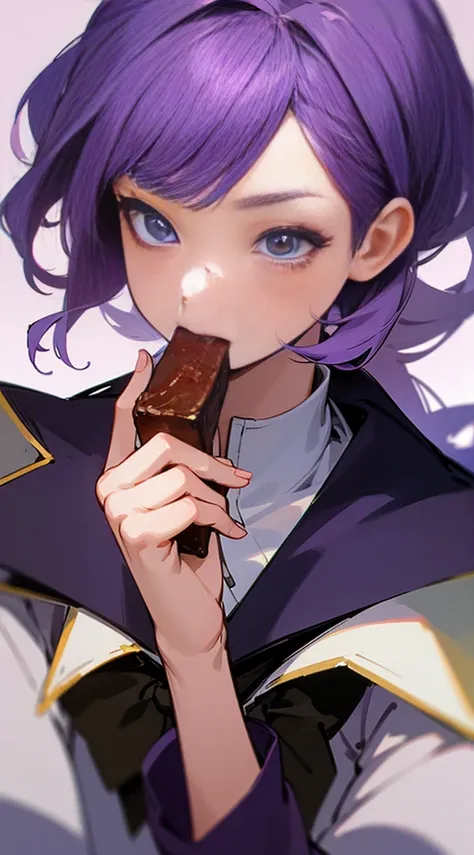 Top Quality, 8K, 4K, High Definition, Detail, (better-quality, 8K, 12), top-quality, 1 girl, purple hair, half body, she eating,
