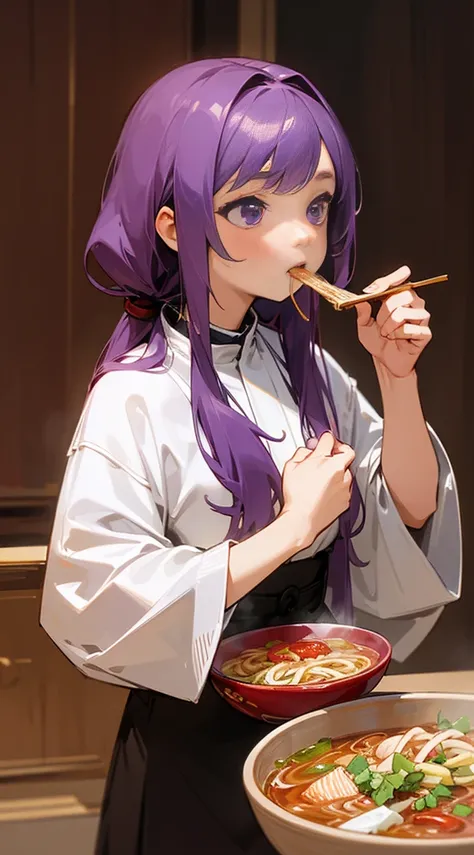 Top Quality, 8K, 4K, High Definition, Detail, (better-quality, 8K, 12), top-quality, 1 girl, purple hair, half body, eating ramen,
