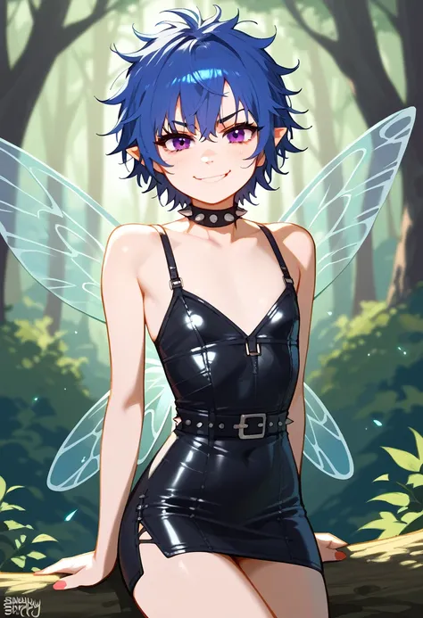 score_9, score_8_up, score_7_up, best quality, masterpiece, source_anime, anatomically correct, 1girl, short dress, messy hair, leather dress, spiked jewelry, lingerie, fairy wings, blue hair, short hair, messy bangs, detailed face, detailed eyes, narrowed...