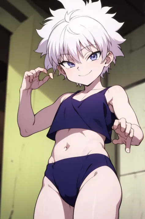 masterpiece, best quality, high quality, 1boy, solo, male focus, looking at viewer, , killua_zoldyck, (((cropped top:))),panties