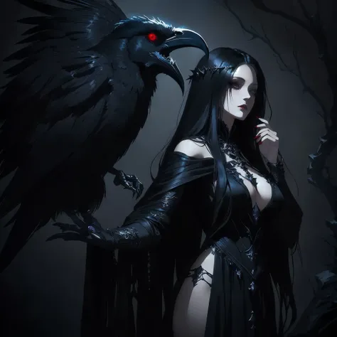 a woman with long black hair and a raven on her shoulder, dark fantasy style art, dark fantasy character design, dark fantasy art, in style of dark fantasy art, dark fantasy style, dark witch character, dark sorceress, dark fantasy mixed with realism, dark...