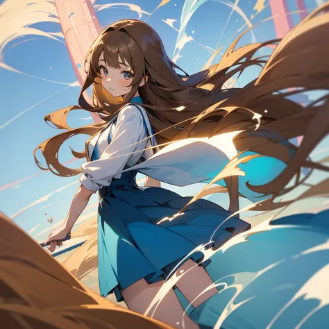 From the ants’ perspective, light brown skin、Anime girls , long brown hair and blue dress stands in front of the house,  In dress, , cute anime waifu in a beautiful dress, Splash Art Anime , süßes Anime girls, hübsches Anime girls, blondes Anime girls mit ...