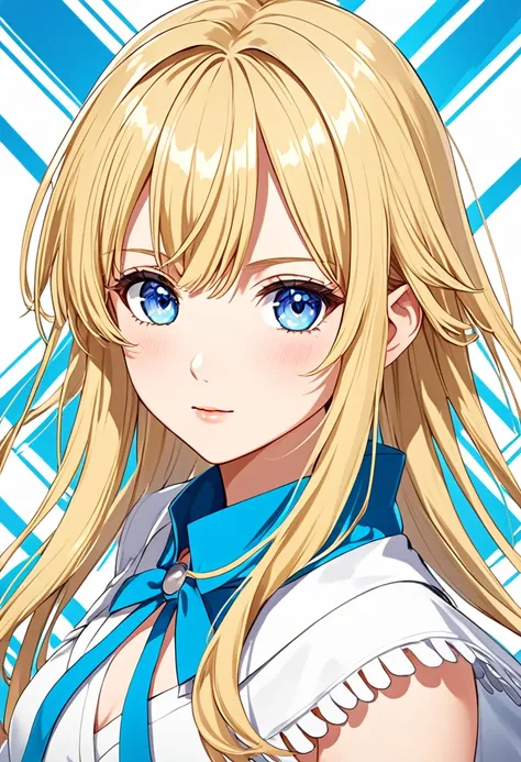 Anime young woman, blonde hair, M shape fringe, light and bright blue eyes