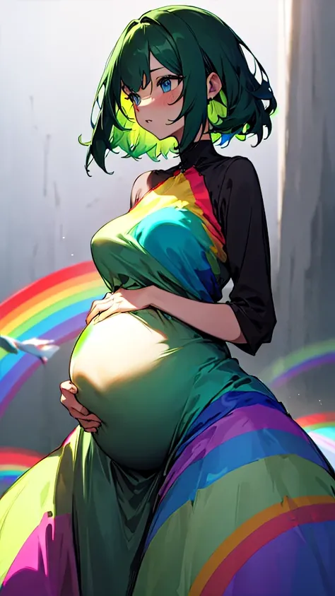 Pregnant woman, dark green hair, blue eyes, rainbow dress