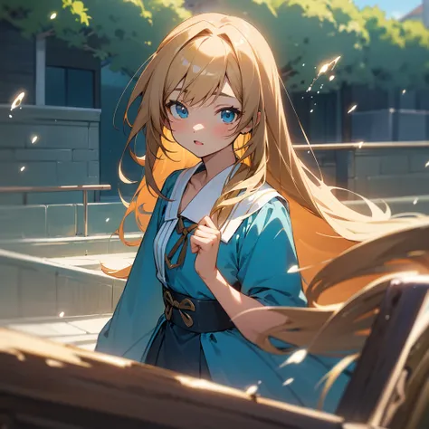 From the ants’ perspective, light brown skin、Anime-kind , long brown hair and blue dress stands in front of the house,  In dress, , cute anime waifu in a beautiful dress, Splash Art Anime , cute anime girl, pretty anime girl, blonde anime girl with long ha...