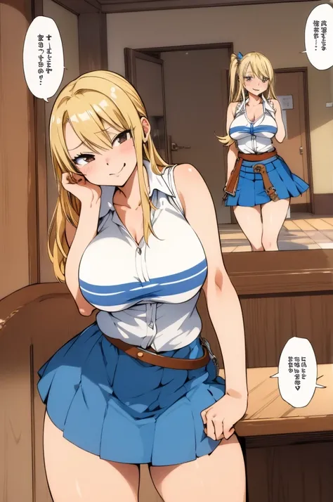 masterpiece, best quality, highres, lucy heartfilia, blonde hair, long hair, large breasts, white shirt, sleeveless, belt, blue skirt, cowboy shot, standing, leaning forward,