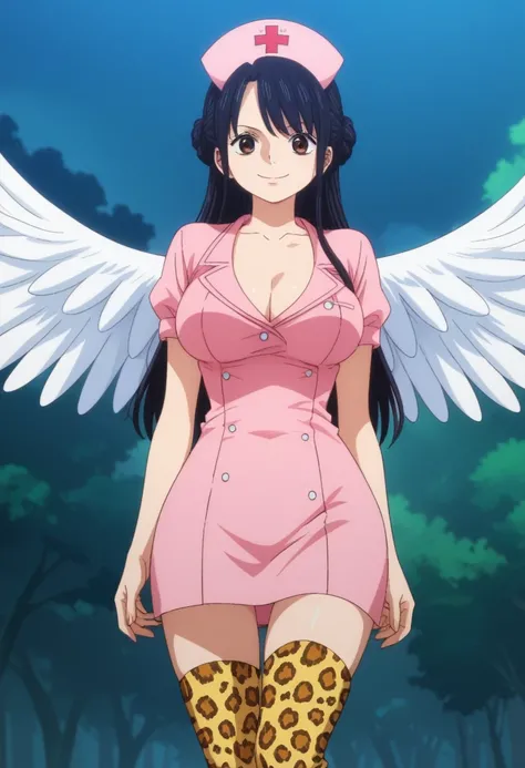 score_9, score_8_up, score_7_up, best quality, masterpiece, source_anime, anime screencap, one_piece_wano_style, clear face, 1girl, solo, black hair, hair above her shoulders, White diadem on her head, brown eyes, large breasts,White wings on her back, nur...