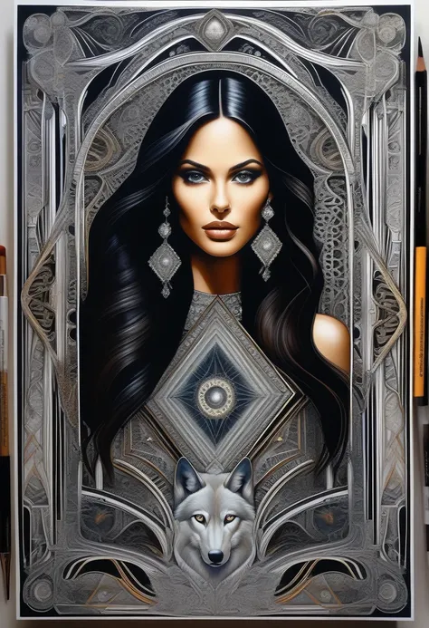 young female rouge of portraits, perfect balance of form and function, sharp gaze eyes, hold a book, black hair, brown eyes, sleek clothing that is form and function, stunning ears and earrings, fantasy wolf of picture frame, RGB lighting dances across the...