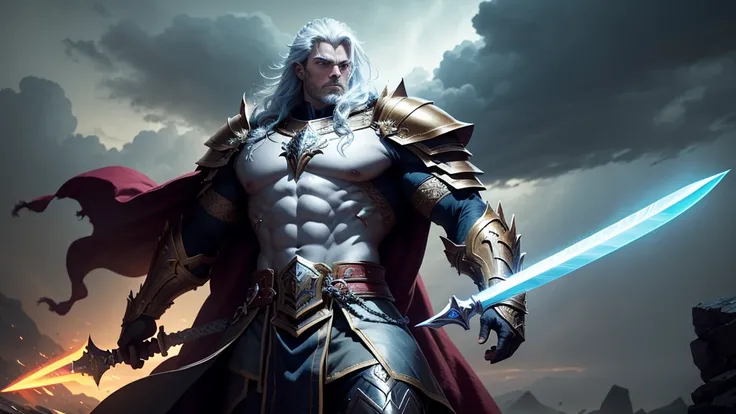 "Create an image of Eldric, the legendary hero. He should be depicted with a majestic, imposing presence, wearing ancient and powerful armor. His weapon should be a unique, glowing sword. The setting should be dramatic, with a dark, stormy sky and an aura ...